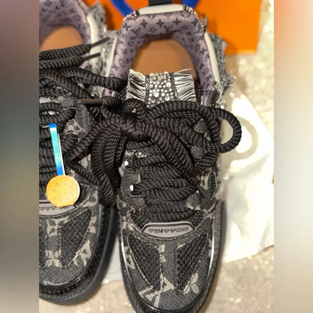 Fashion inspired Black and Grey Monogram Patchwork Sneakers - Picture 4 of 7